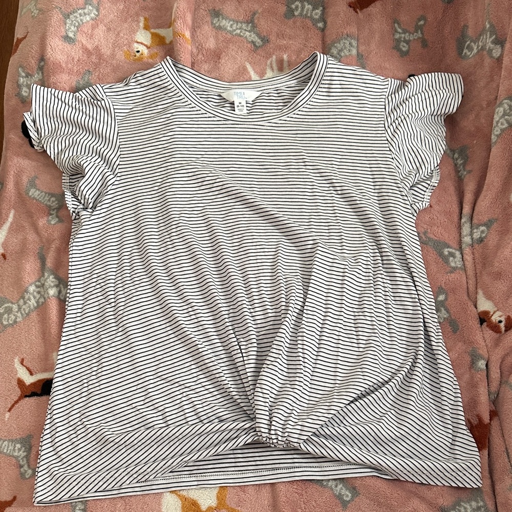 Striped Ruffle Sleeve Top - Black and White